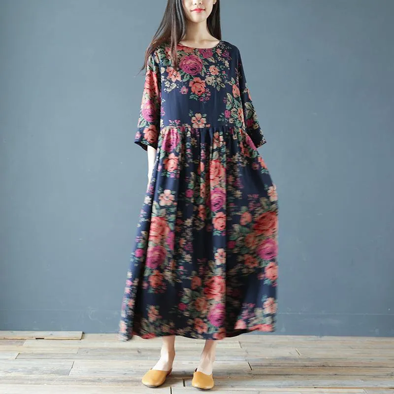 100% O Neck Cotton Linen Robes Work Outfits Navy Prints Dress