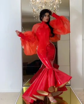 Adelyn Red Elegant Puff Sleeves Evening Dress