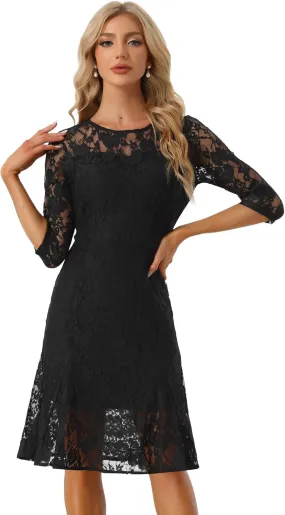 Allegra K Elegant Lace Dress for Women's 3/4 Sleeves Ruffles Bodycon Fishtail Dress