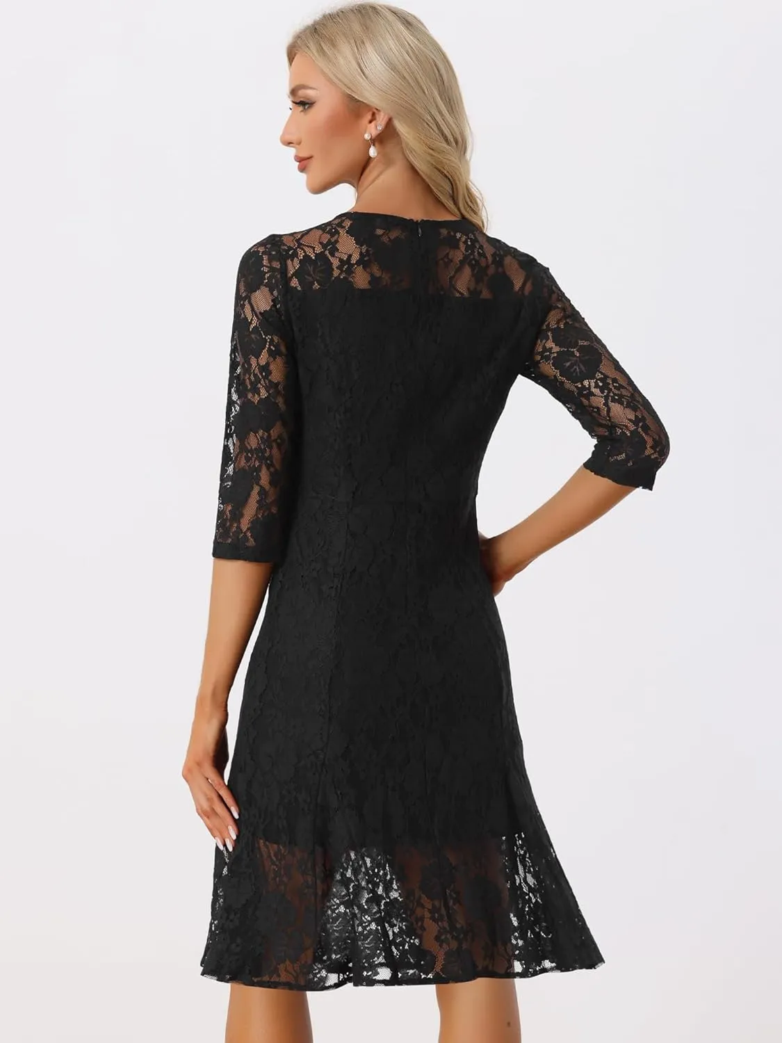 Allegra K Elegant Lace Dress for Women's 3/4 Sleeves Ruffles Bodycon Fishtail Dress