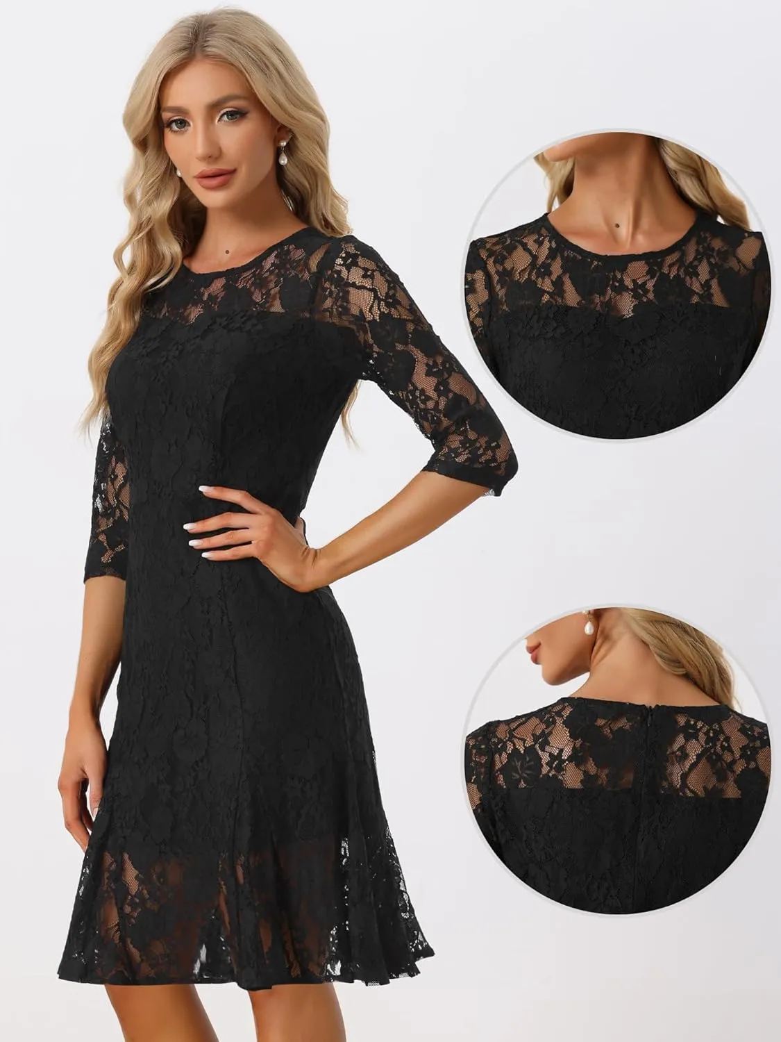 Allegra K Elegant Lace Dress for Women's 3/4 Sleeves Ruffles Bodycon Fishtail Dress