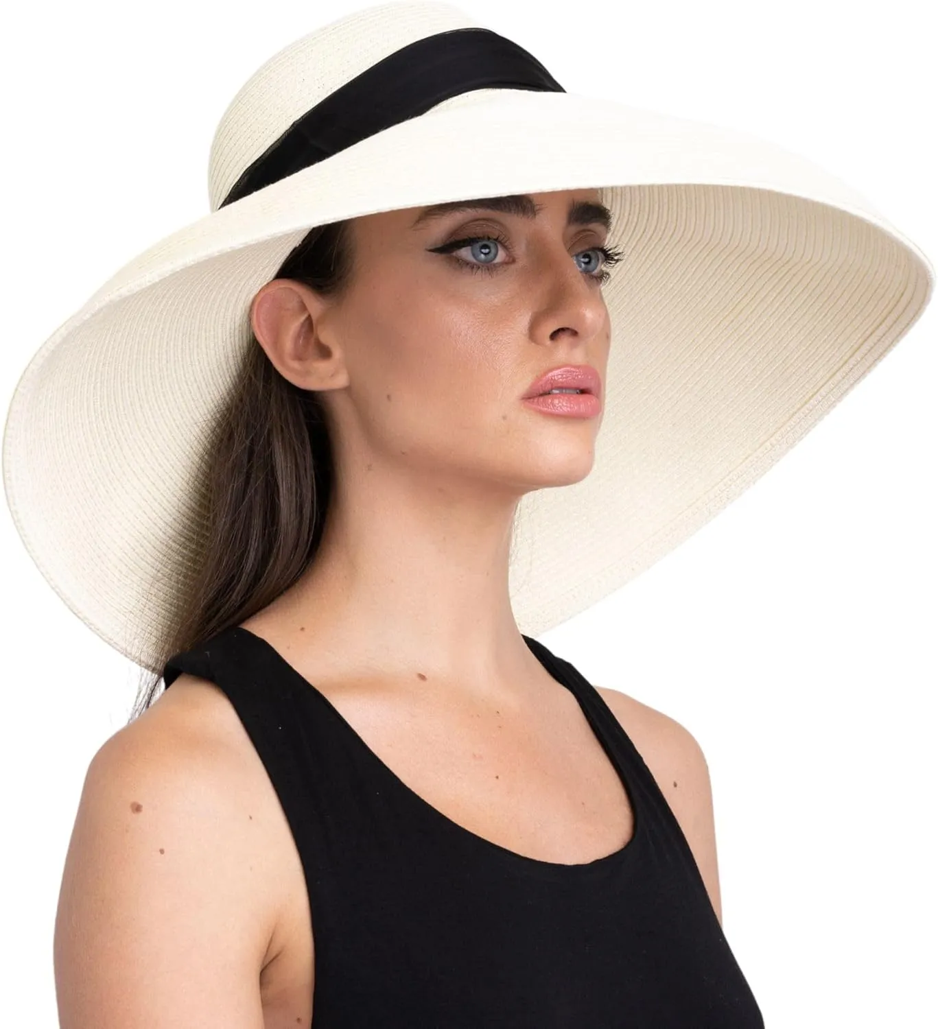 Audrey Hepburn-Inspired Wide Brim Straw Hat – Elegant Summer Sun Hat for Women, Luxury Handmade Beach Hat for Chic Vintage Style Black
