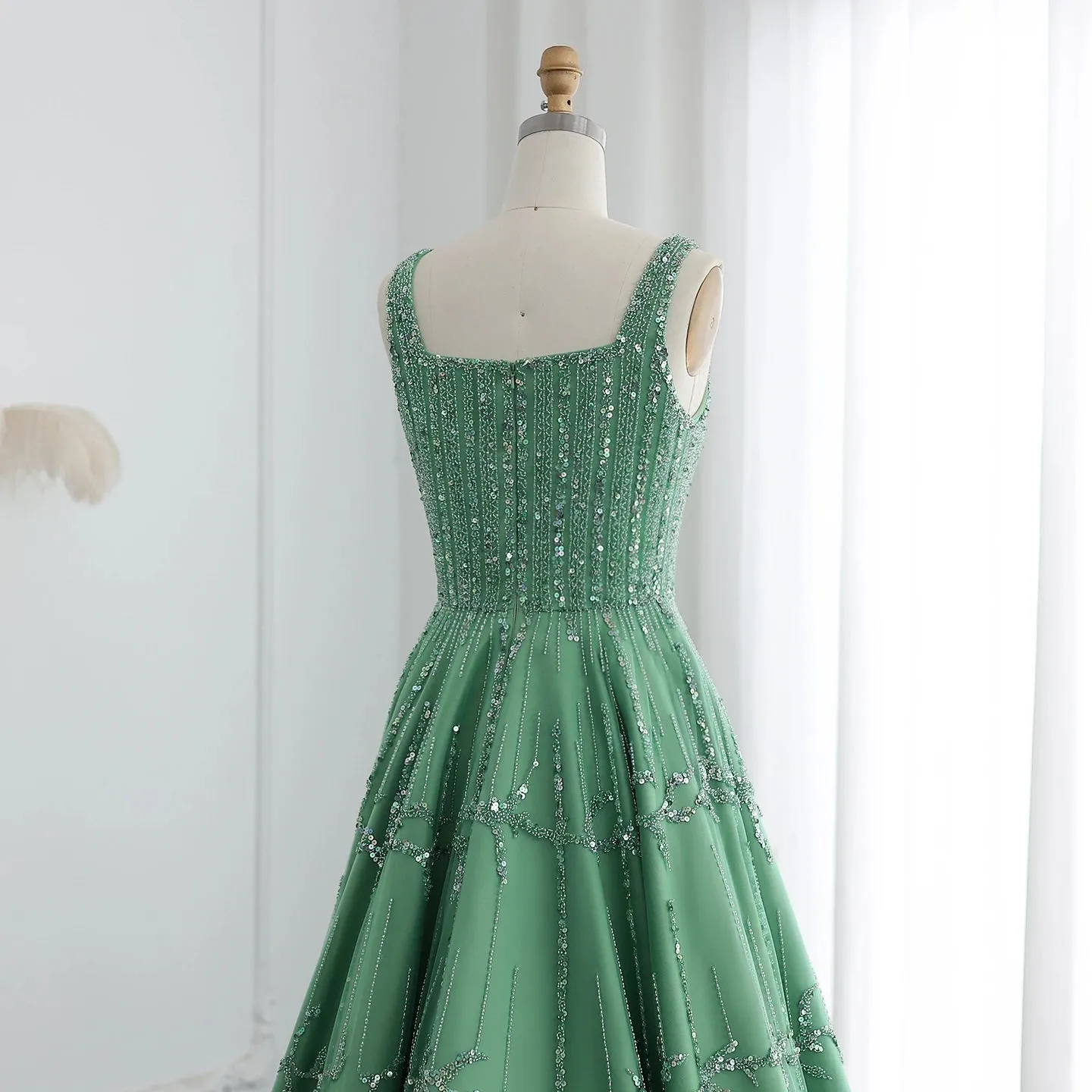 Beaded Green Spaghetti Strap Elegant Evening dress