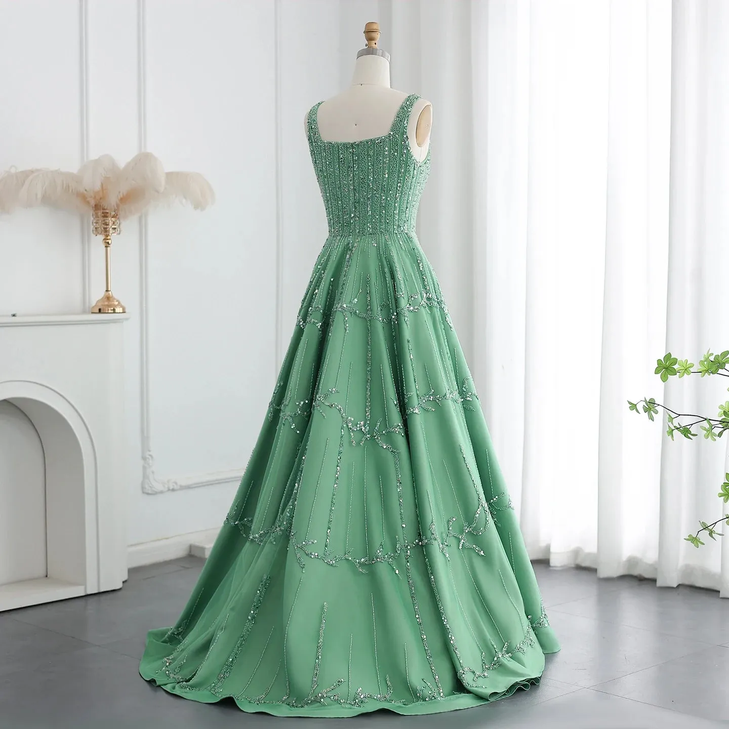 Beaded Green Spaghetti Strap Elegant Evening dress