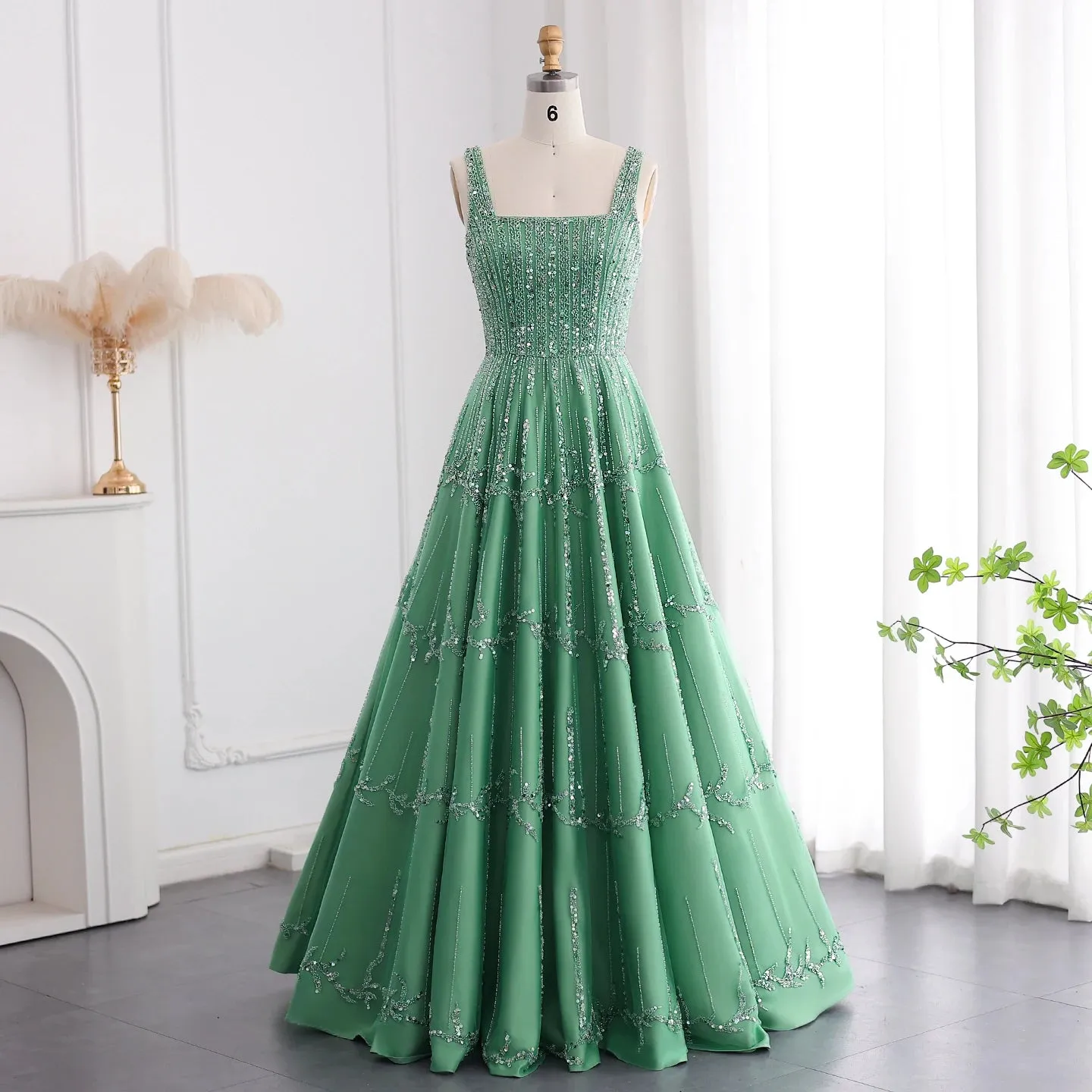 Beaded Green Spaghetti Strap Elegant Evening dress
