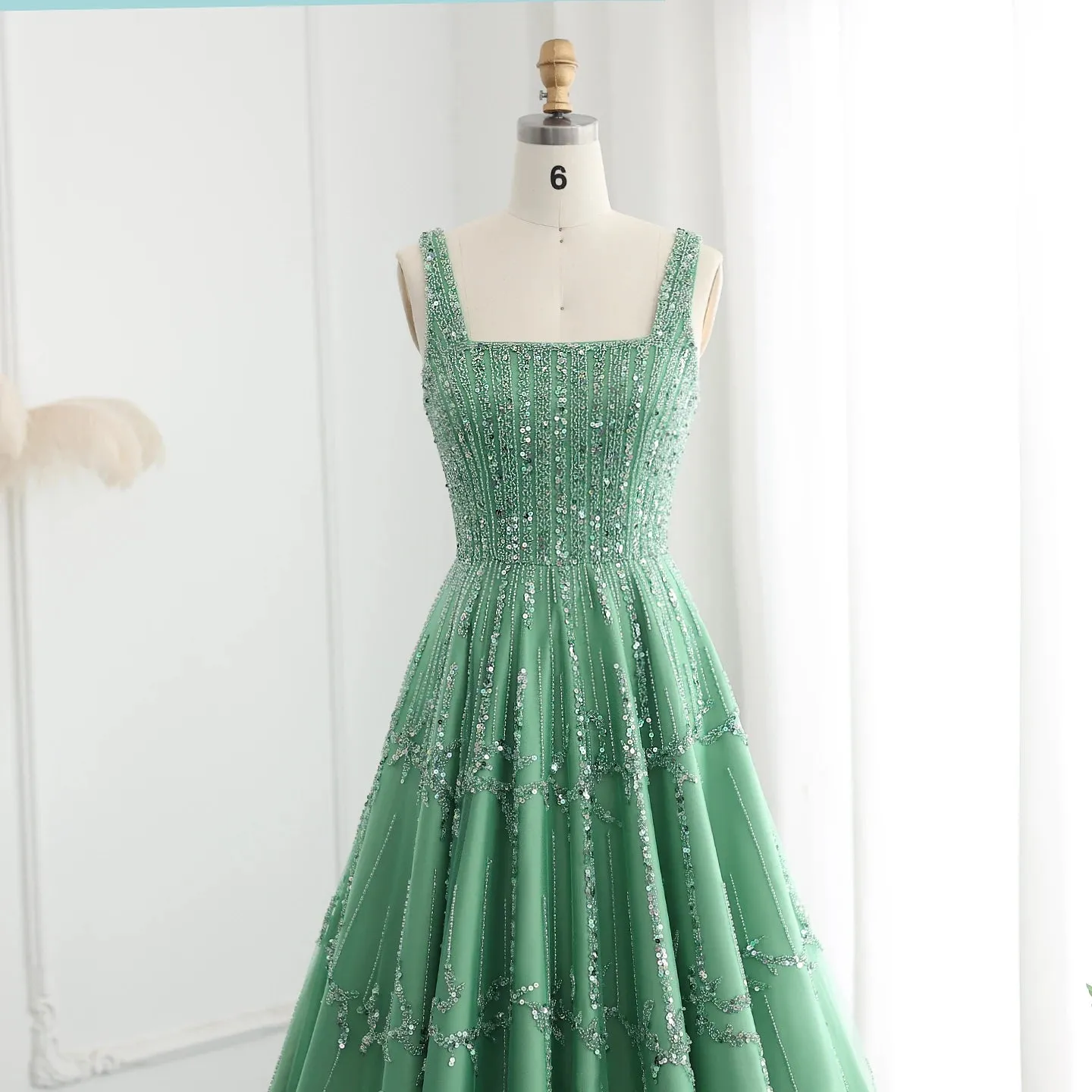 Beaded Green Spaghetti Strap Elegant Evening dress