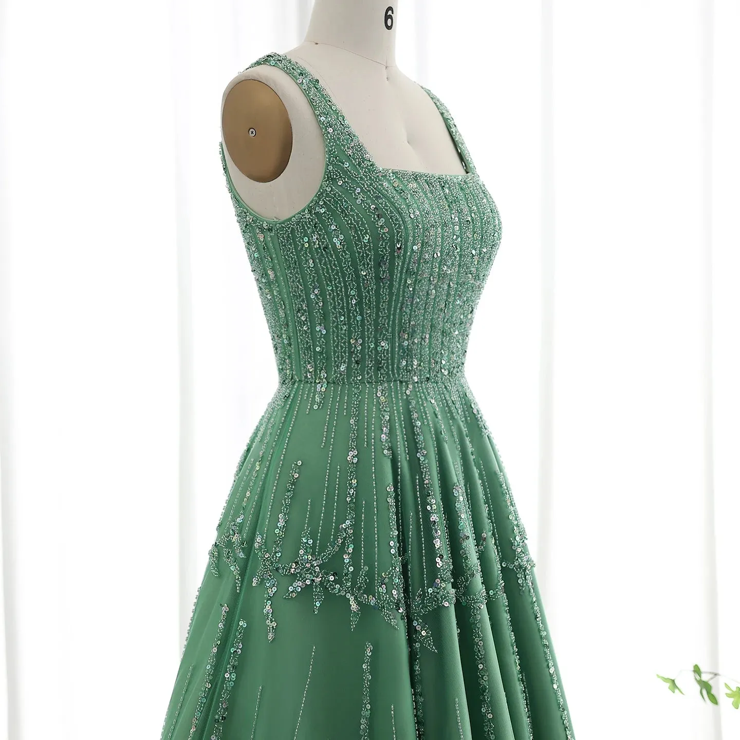 Beaded Green Spaghetti Strap Elegant Evening dress
