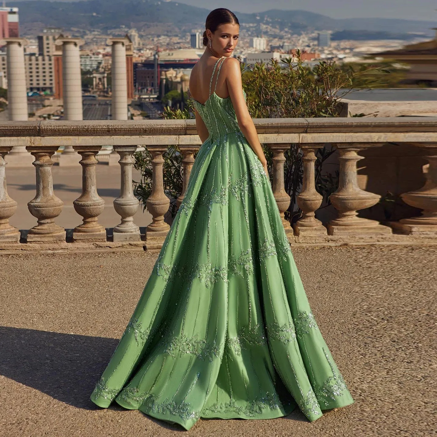 Beaded Green Spaghetti Strap Elegant Evening dress