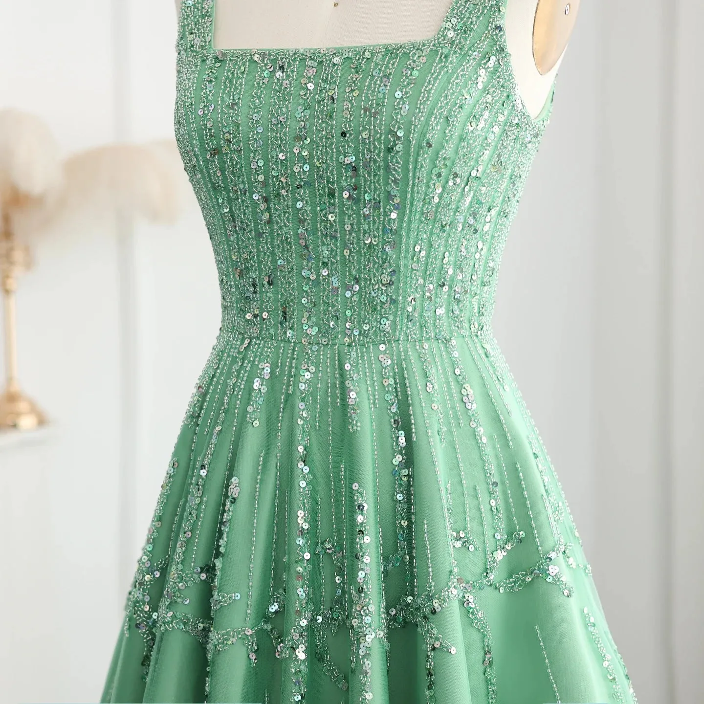 Beaded Green Spaghetti Strap Elegant Evening dress