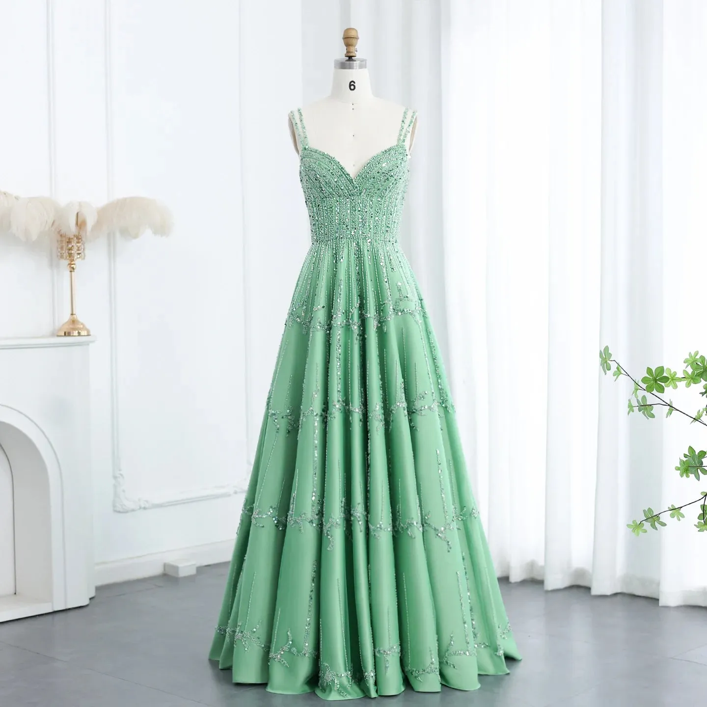 Beaded Green Spaghetti Strap Elegant Evening dress