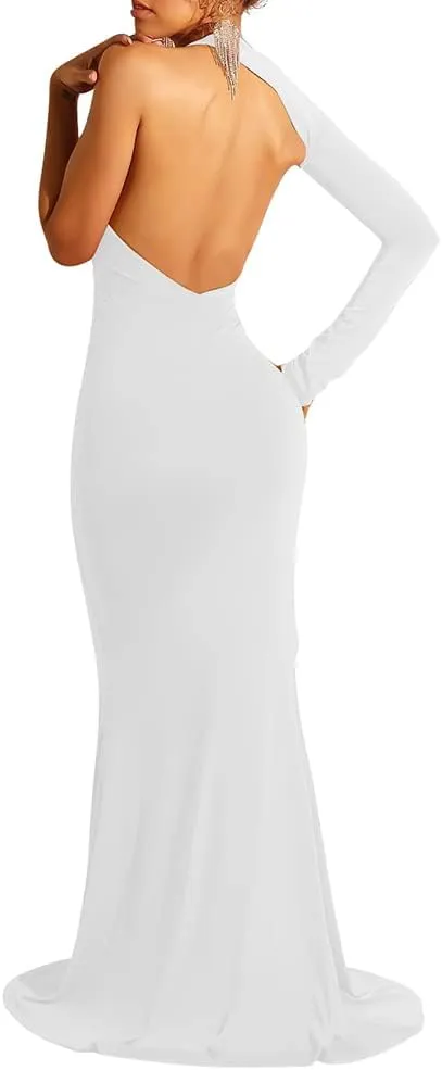 BEAGIMEG Women's Sexy Elegant One Shoulder Backless Evening Long Dress