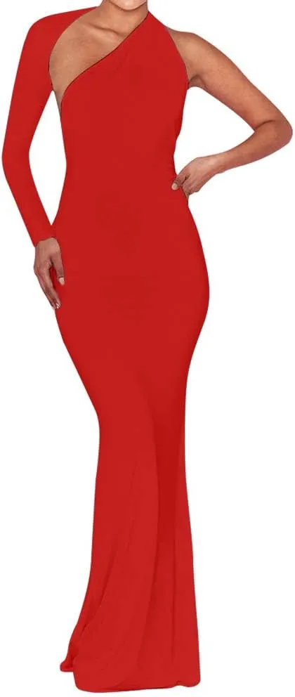 BEAGIMEG Women's Sexy Elegant One Shoulder Backless Evening Long Dress