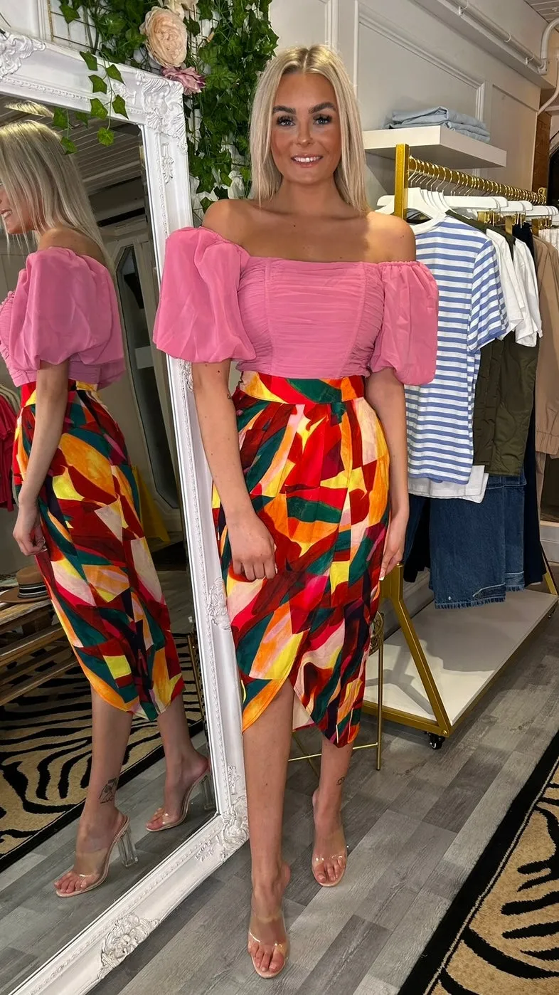 BIRDIE WRAP MIDI SKIRT - PINK MULTI