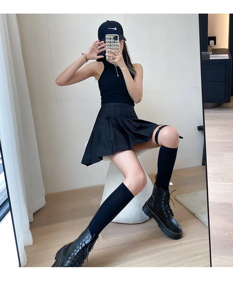 Black Pleated Women Skirt Summer High Waist Slim Look Uniform Suits A-Line Skirt