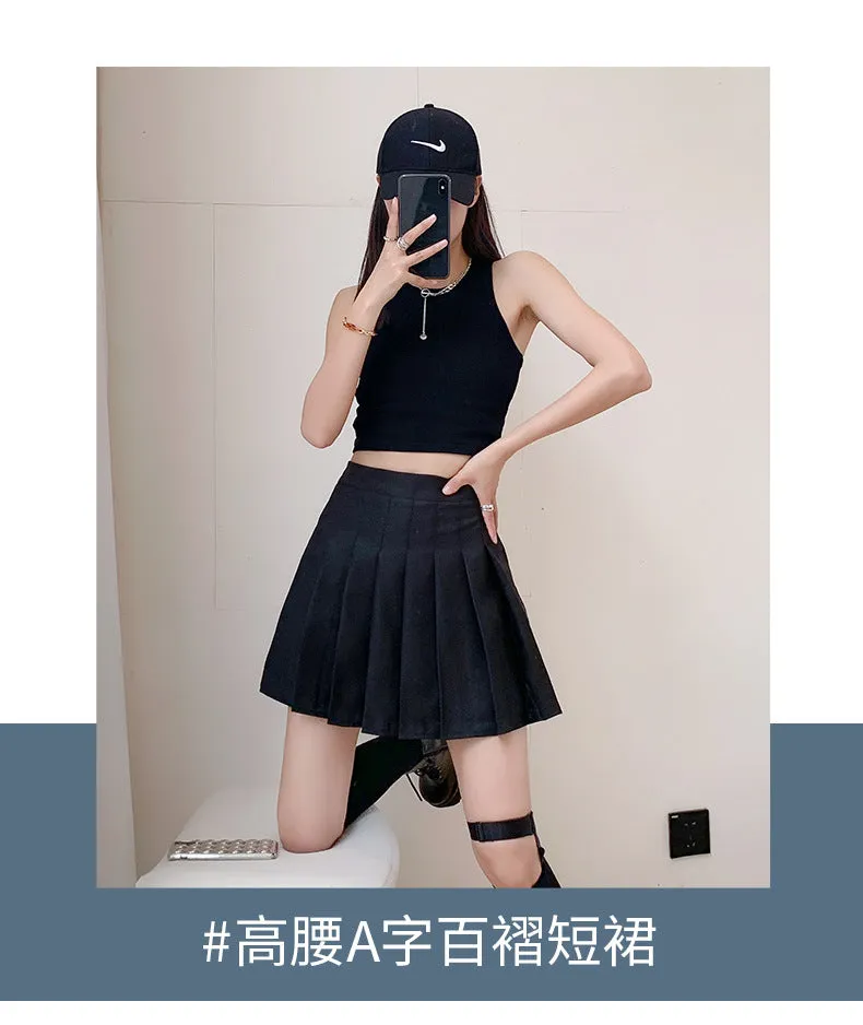 Black Pleated Women Skirt Summer High Waist Slim Look Uniform Suits A-Line Skirt