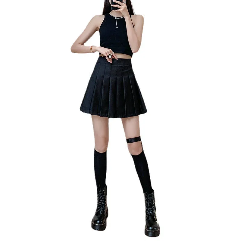Black Pleated Women Skirt Summer High Waist Slim Look Uniform Suits A-Line Skirt