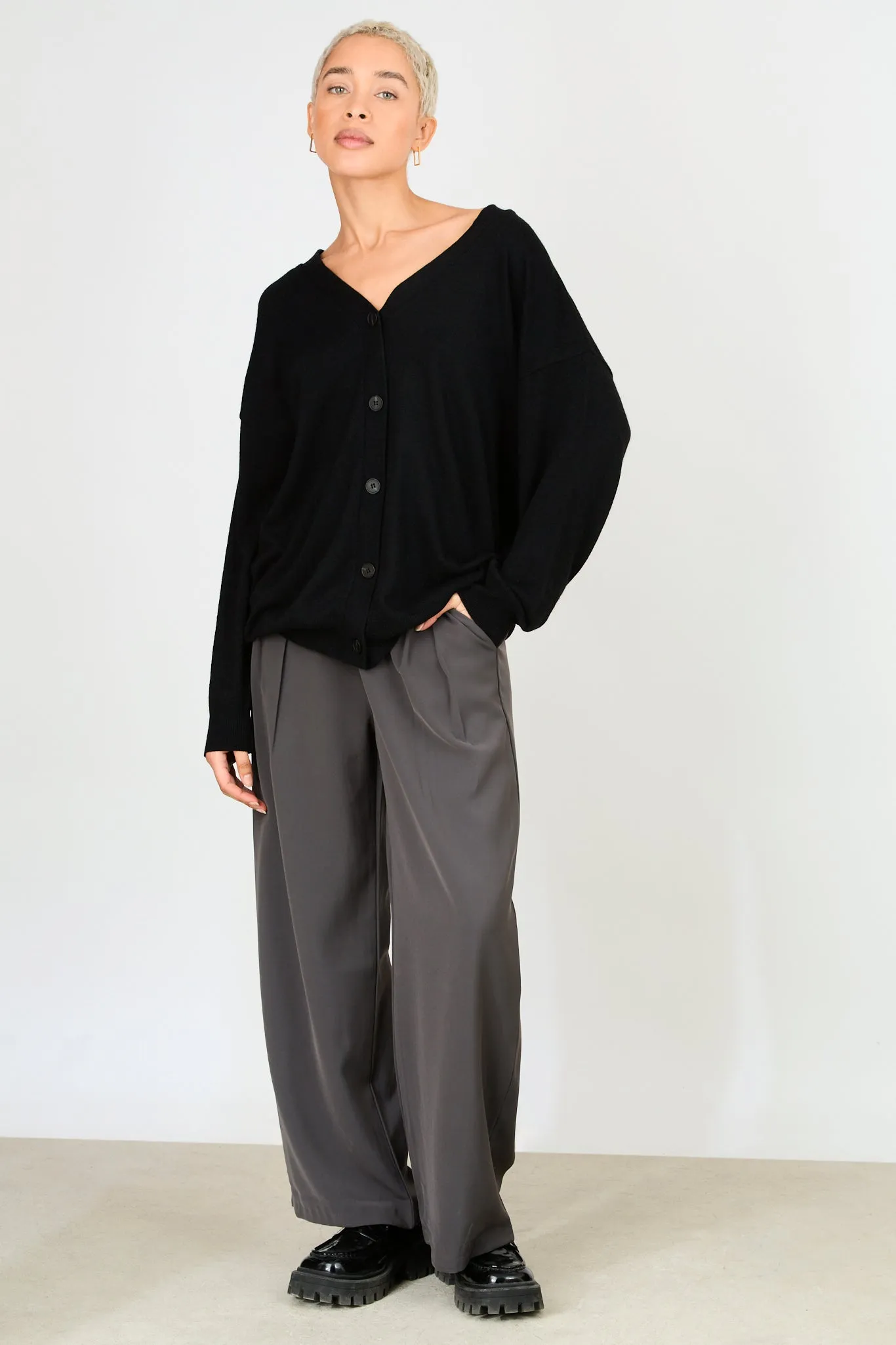 Black wool blend relaxed cardigan