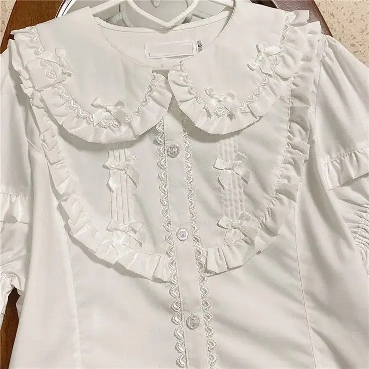 Blusas De Mujer Japanese Blouse Women Peter Pan Collar Ruffles Bow Cute Shirts Lace Puff Sleeve Lolita Style Blouses Tops