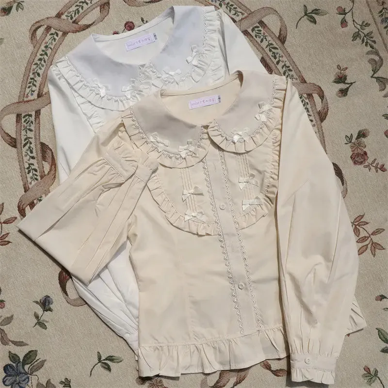 Blusas De Mujer Japanese Blouse Women Peter Pan Collar Ruffles Bow Cute Shirts Lace Puff Sleeve Lolita Style Blouses Tops