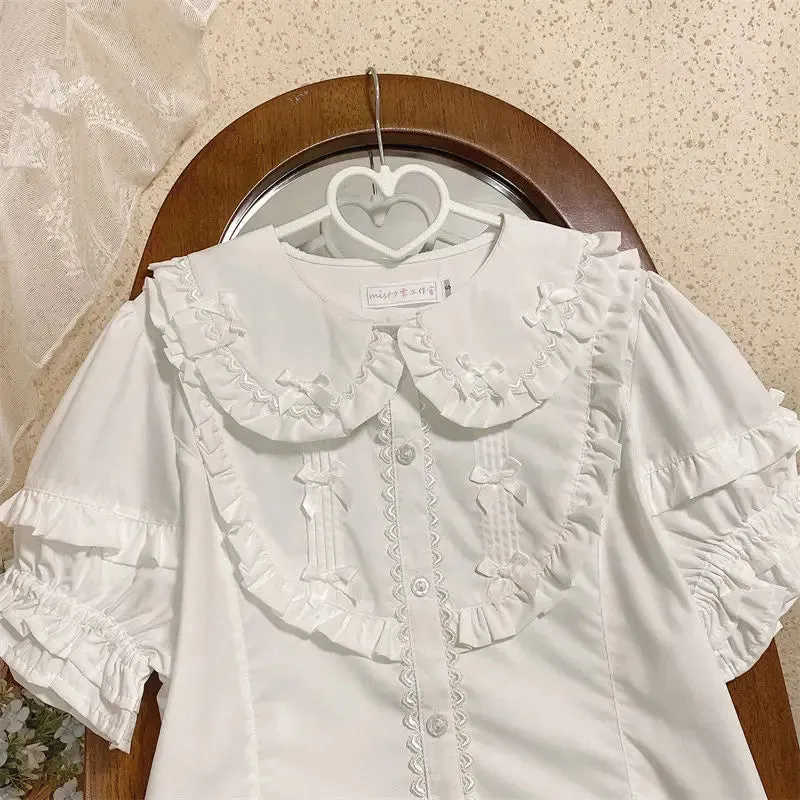 Blusas De Mujer Japanese Blouse Women Peter Pan Collar Ruffles Bow Cute Shirts Lace Puff Sleeve Lolita Style Blouses Tops