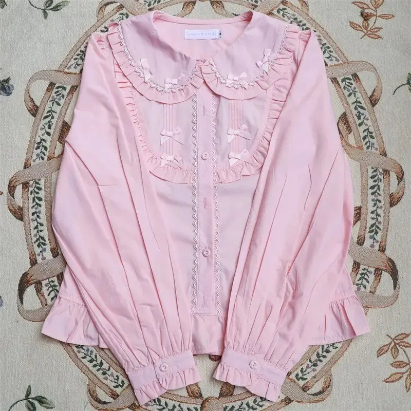 Blusas De Mujer Japanese Blouse Women Peter Pan Collar Ruffles Bow Cute Shirts Lace Puff Sleeve Lolita Style Blouses Tops