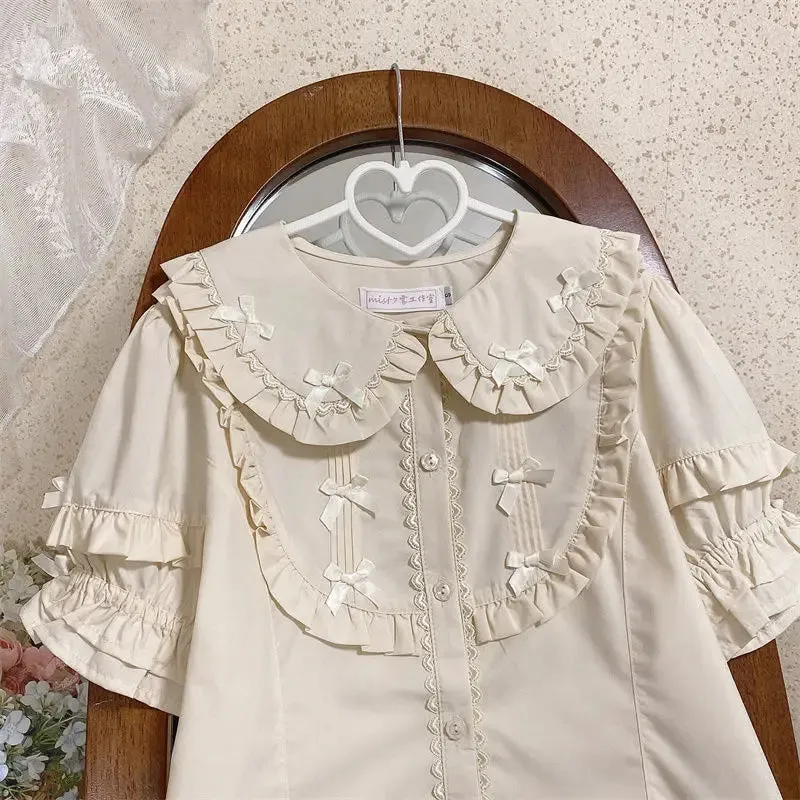 Blusas De Mujer Japanese Blouse Women Peter Pan Collar Ruffles Bow Cute Shirts Lace Puff Sleeve Lolita Style Blouses Tops