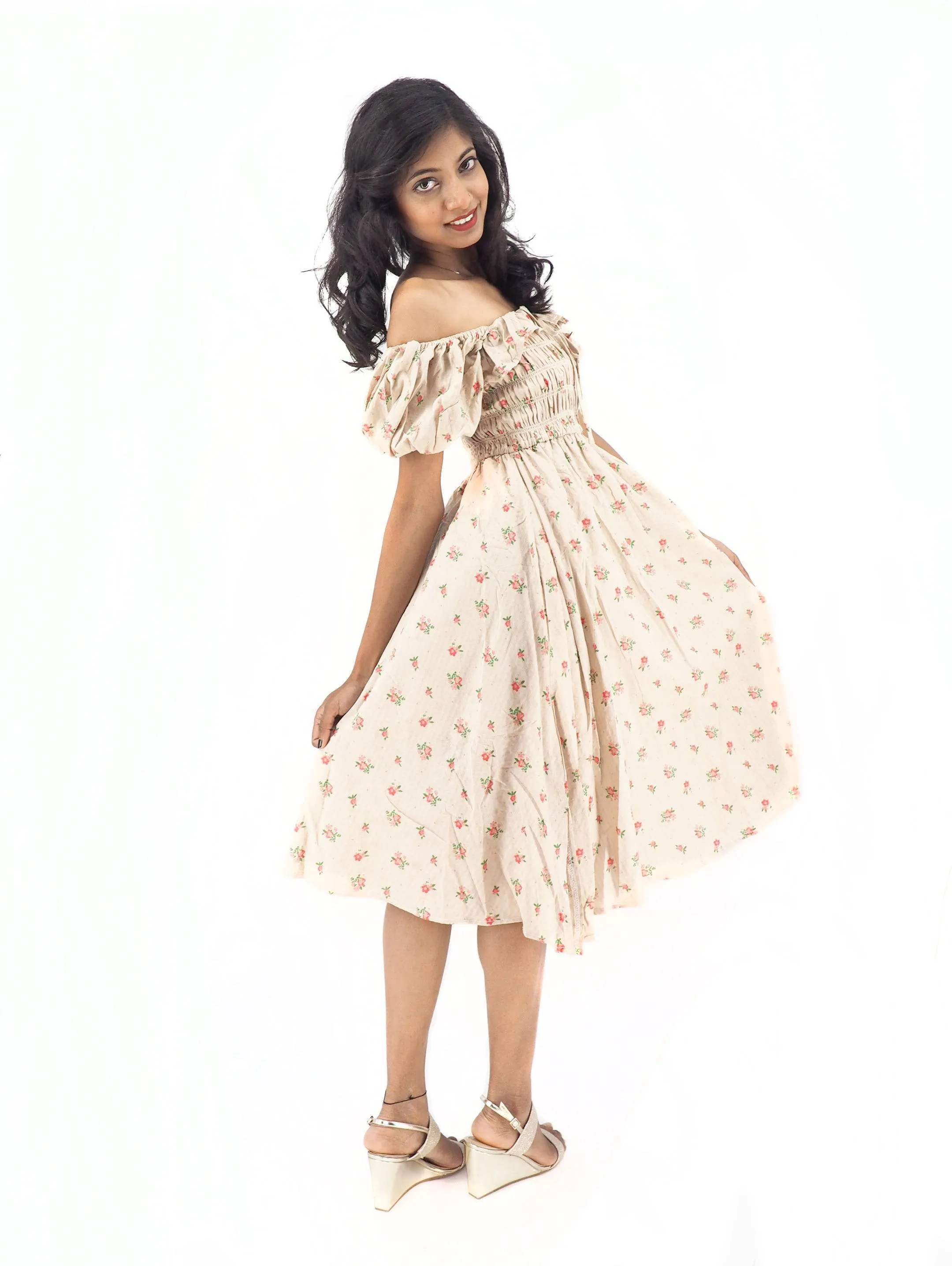 Bohemian Gypsy Hippy Rayon Light Weight Short Dress Cream Floral S-M-L