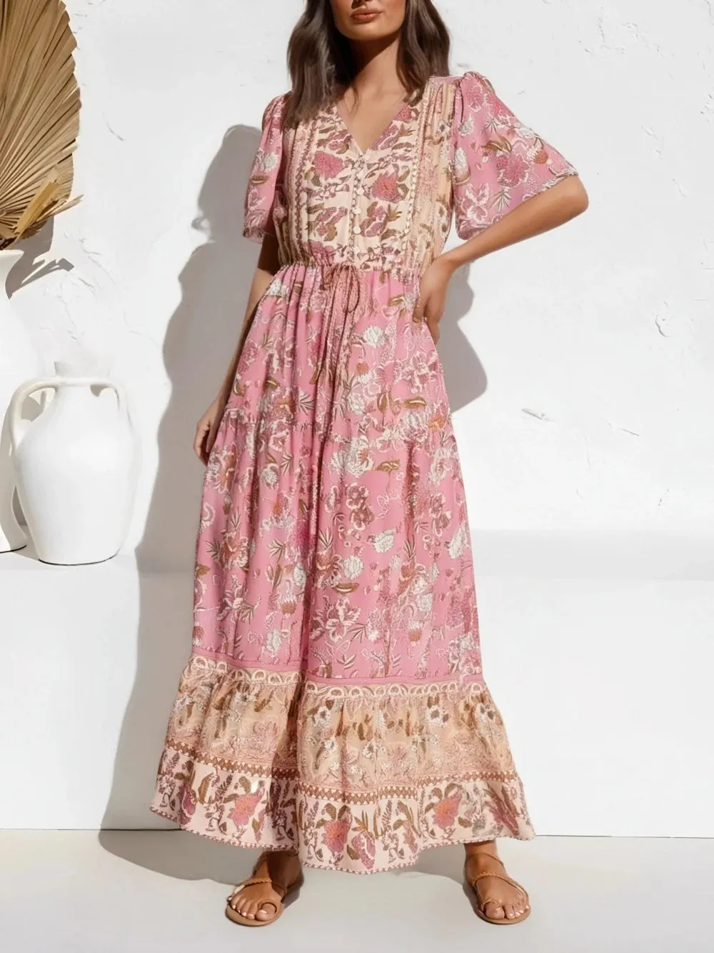 Boho Chic Maxi Dress – Pink Floral Print Summer Sundress Addison