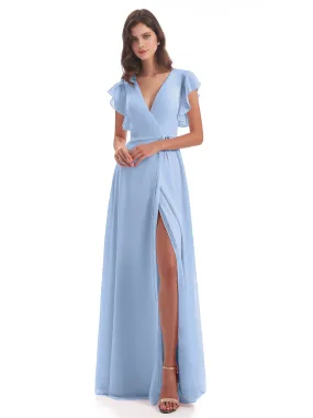 Bridesmaids Dresses Sky Blue Hope Charming V Neck Long Chiffon Bridesmaid Dresses