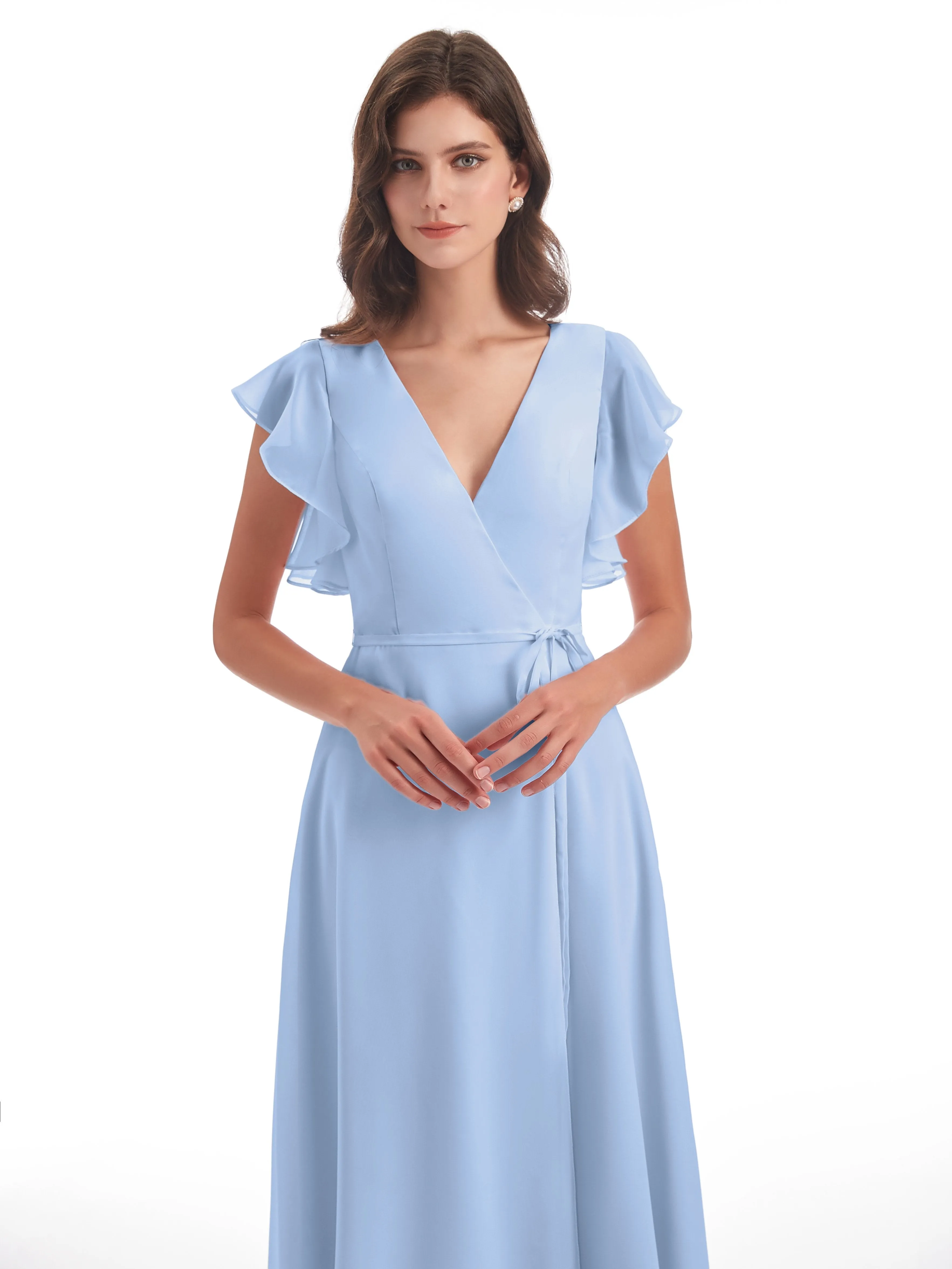 Bridesmaids Dresses Sky Blue Hope Charming V Neck Long Chiffon Bridesmaid Dresses