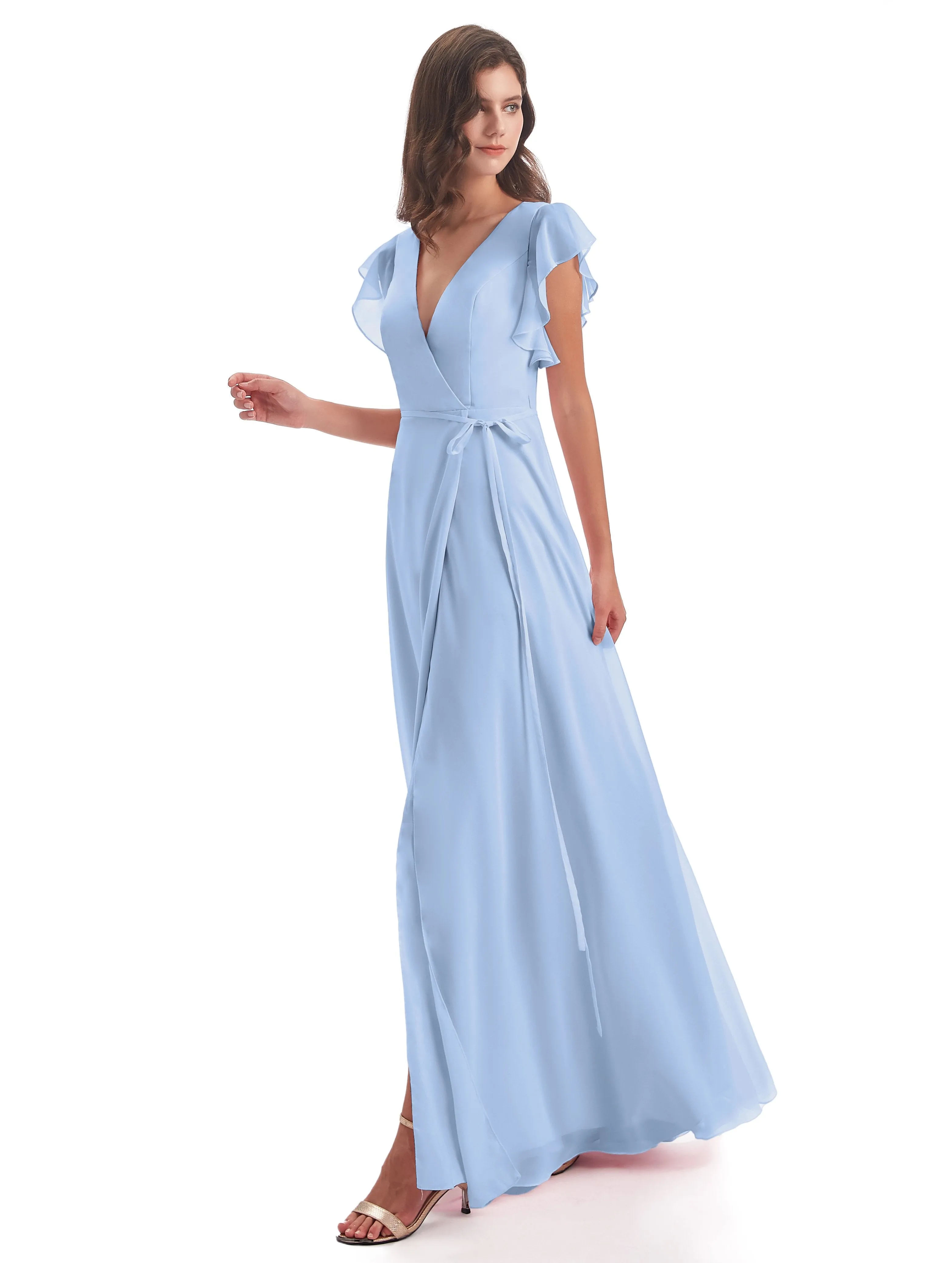Bridesmaids Dresses Sky Blue Hope Charming V Neck Long Chiffon Bridesmaid Dresses