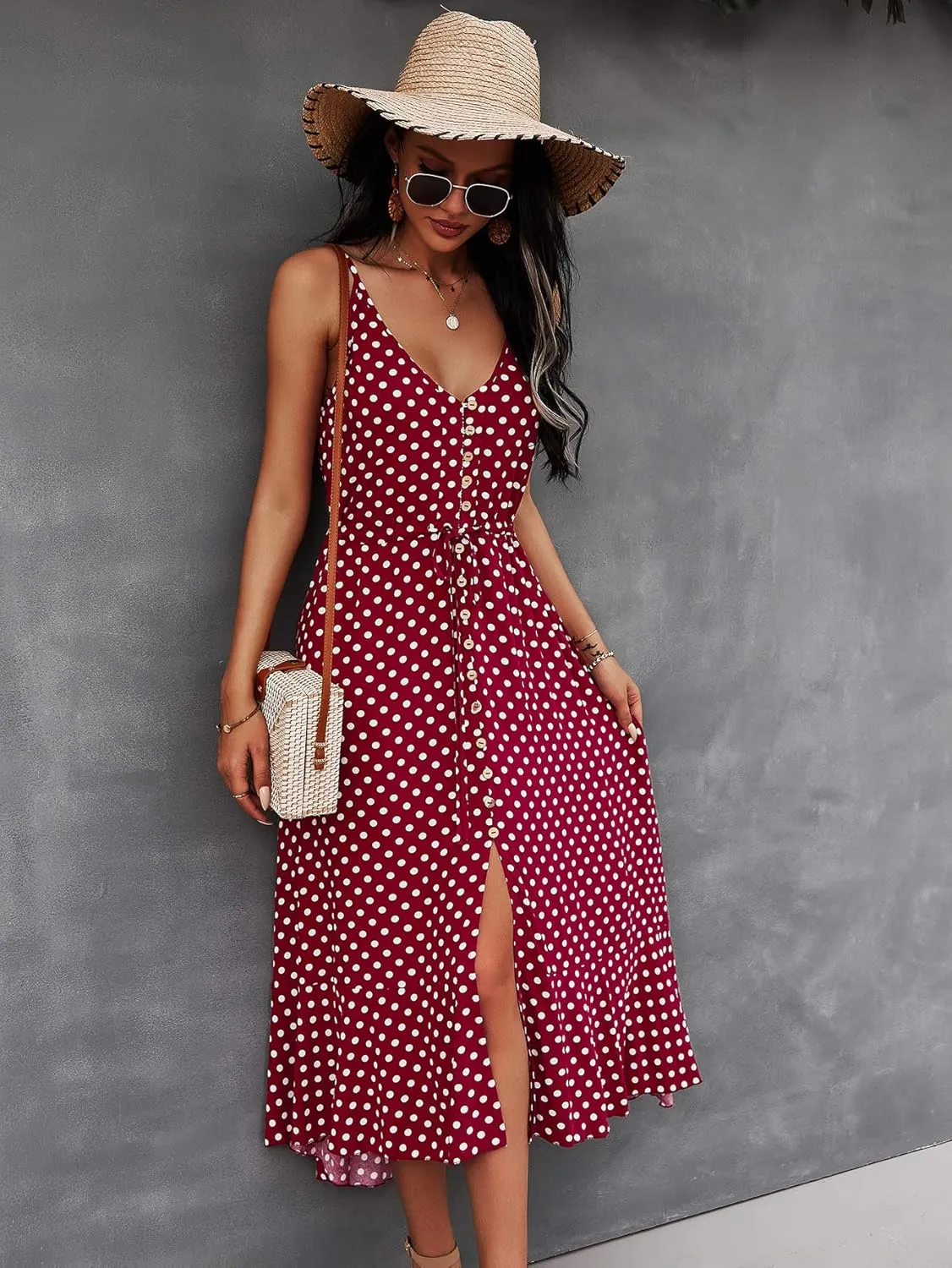 BROVAVE Women's 2025 Summer Casual Boho Sundress Polka Dot Spaghetti Strap V Neck Flowy Midi Dresses