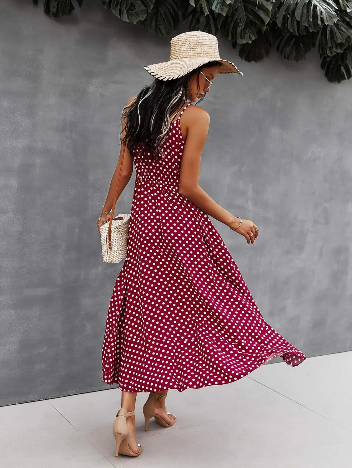 BROVAVE Women's 2025 Summer Casual Boho Sundress Polka Dot Spaghetti Strap V Neck Flowy Midi Dresses