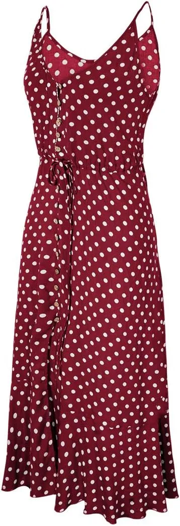 BROVAVE Women's 2025 Summer Casual Boho Sundress Polka Dot Spaghetti Strap V Neck Flowy Midi Dresses