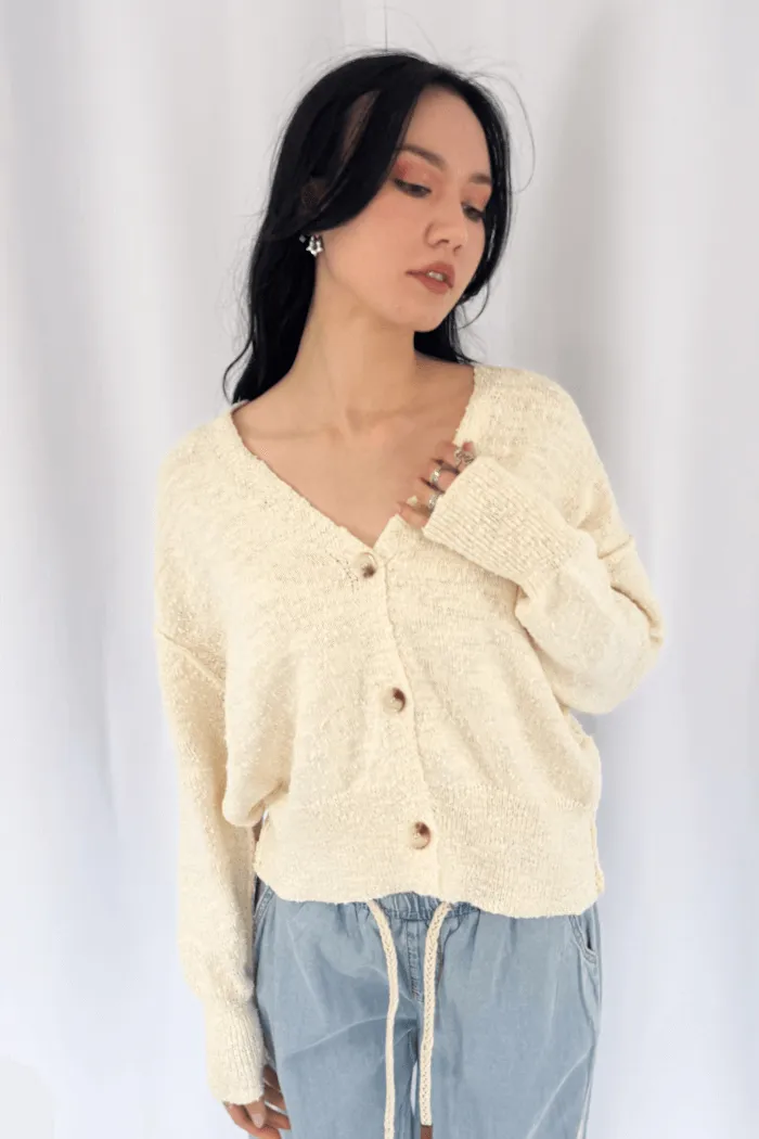 Button Front Drop Shoulder Cardi in Oat