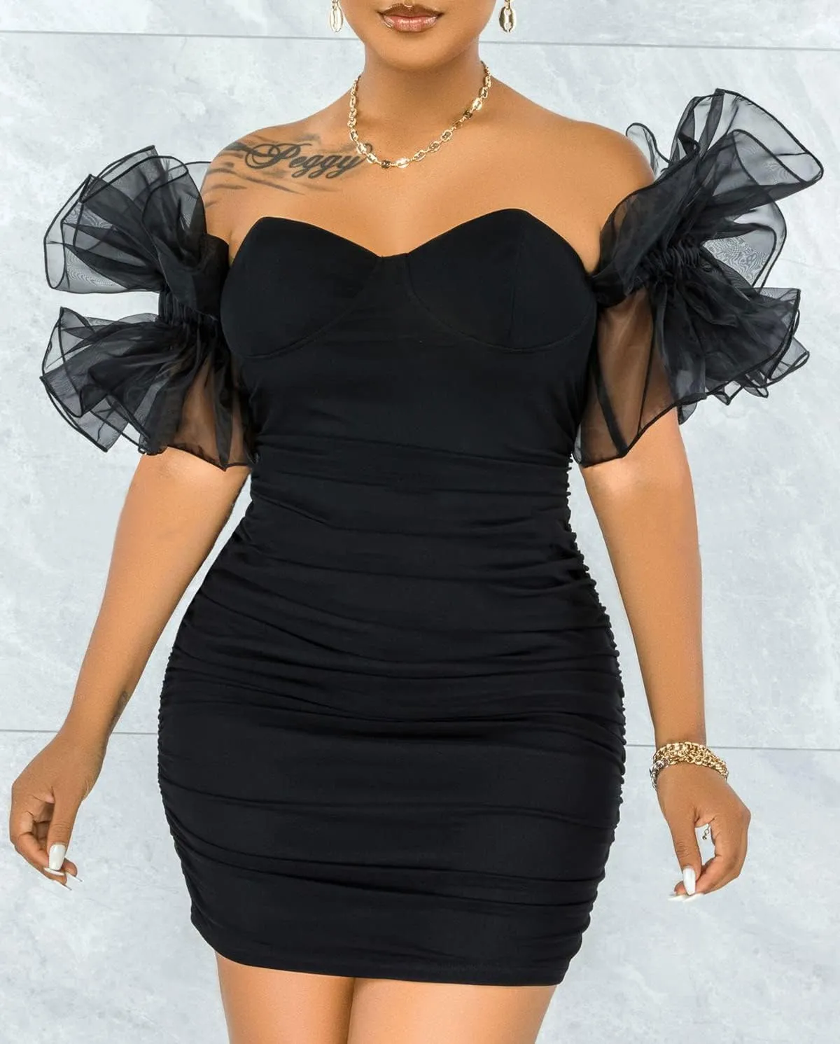 BYDIVA Women Elegant Puff Sleeve Bodycon Dress Cocktail Evening Party Mini Dress