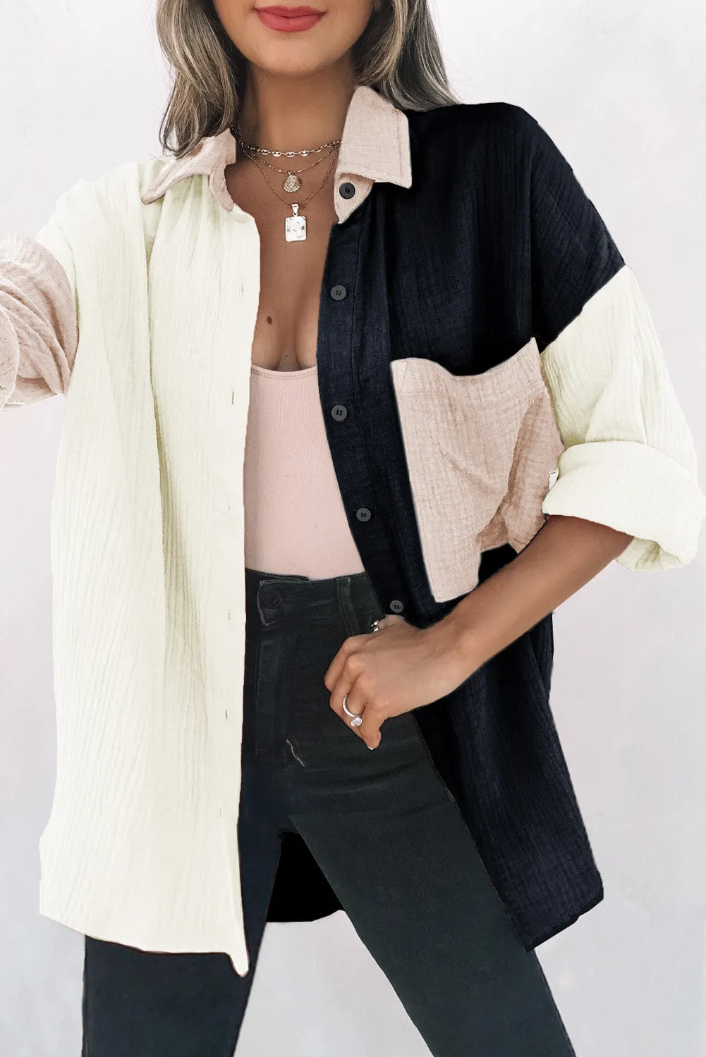 Casual Bi-Color Linen Blouse