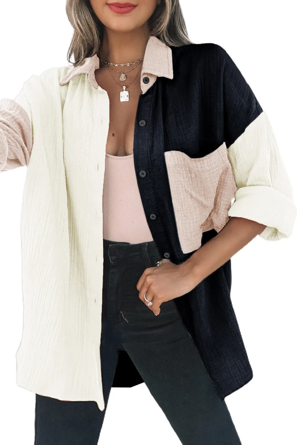 Casual Bi-Color Linen Blouse