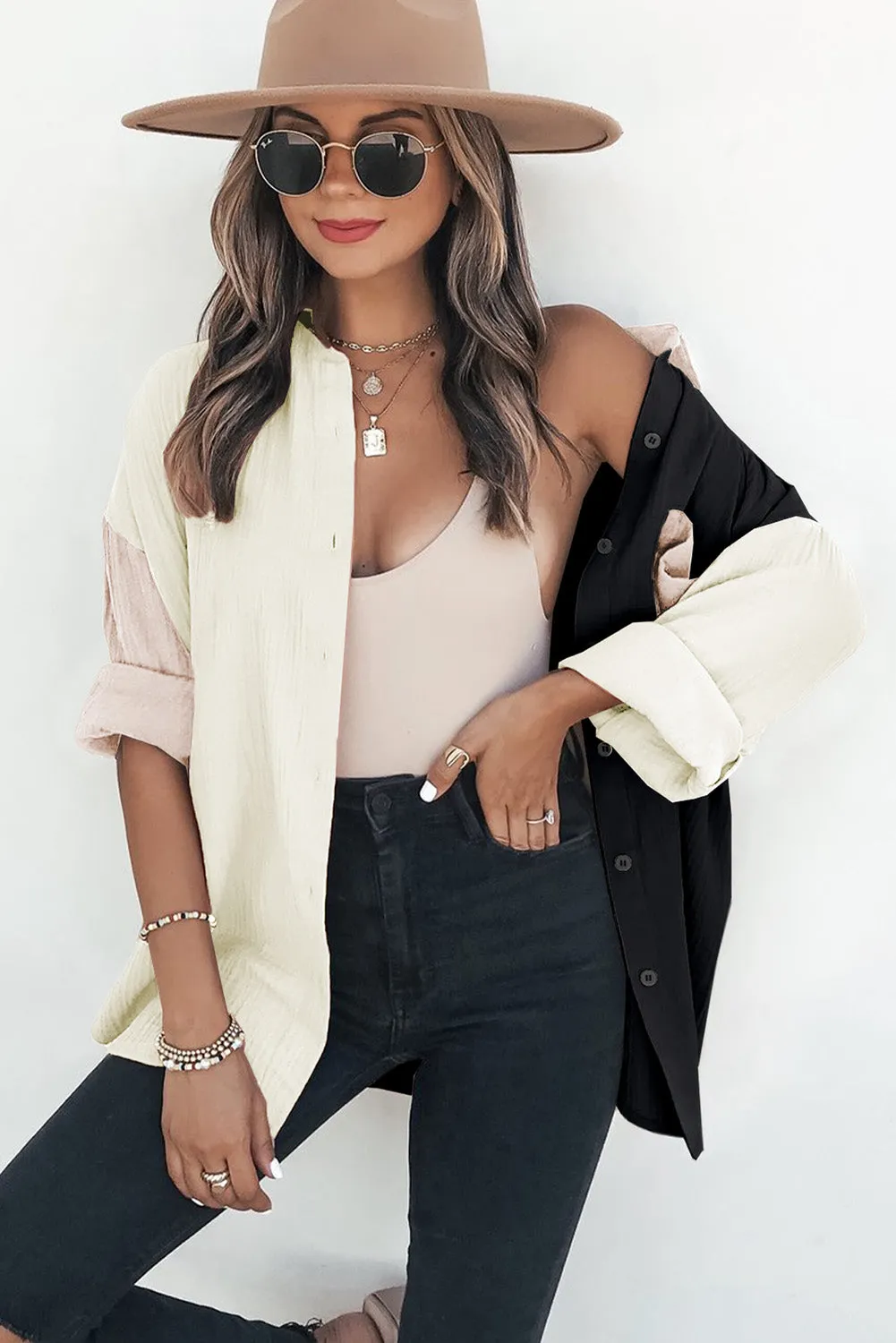 Casual Bi-Color Linen Blouse
