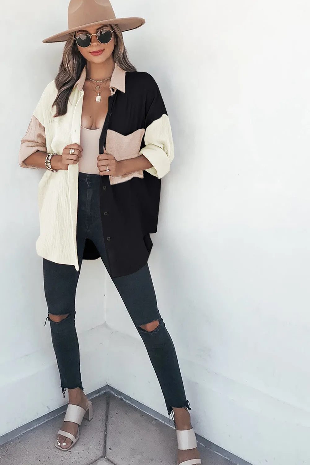 Casual Bi-Color Linen Blouse