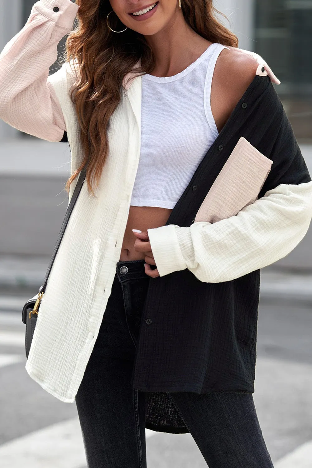 Casual Bi-Color Linen Blouse