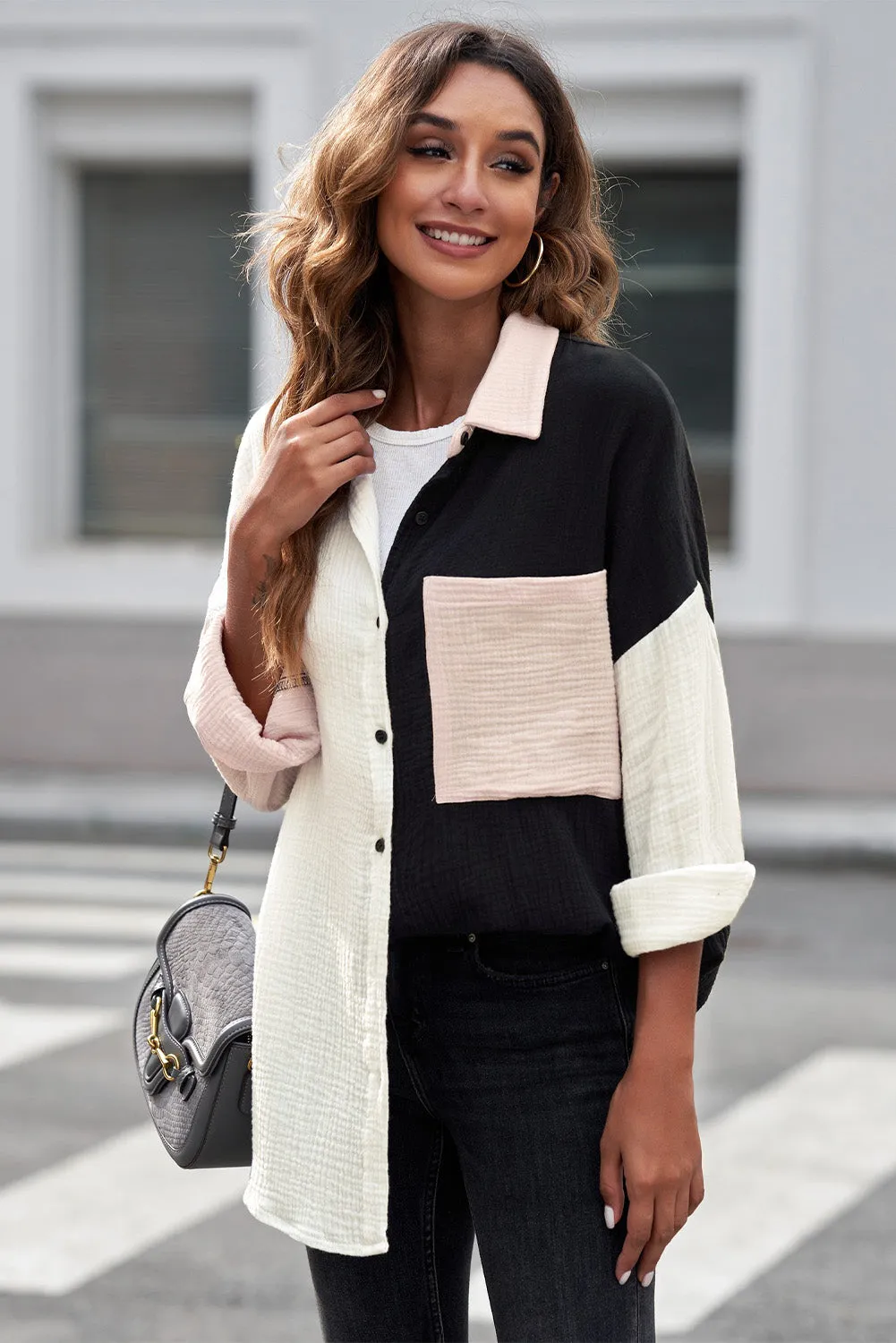 Casual Bi-Color Linen Blouse