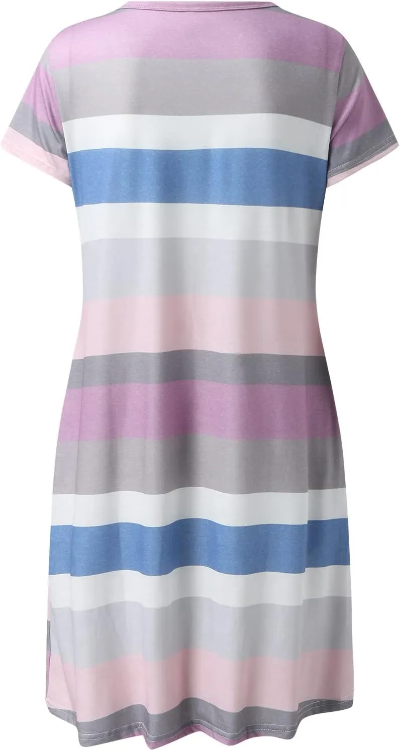 Casual Dresses for Women Short Sleeve Crew Neck T Shirt Dress with Pockets Loose Striped Color Block Summer Dresses