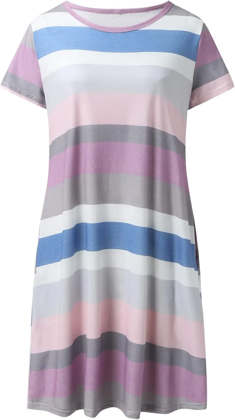 Casual Dresses for Women Short Sleeve Crew Neck T Shirt Dress with Pockets Loose Striped Color Block Summer Dresses