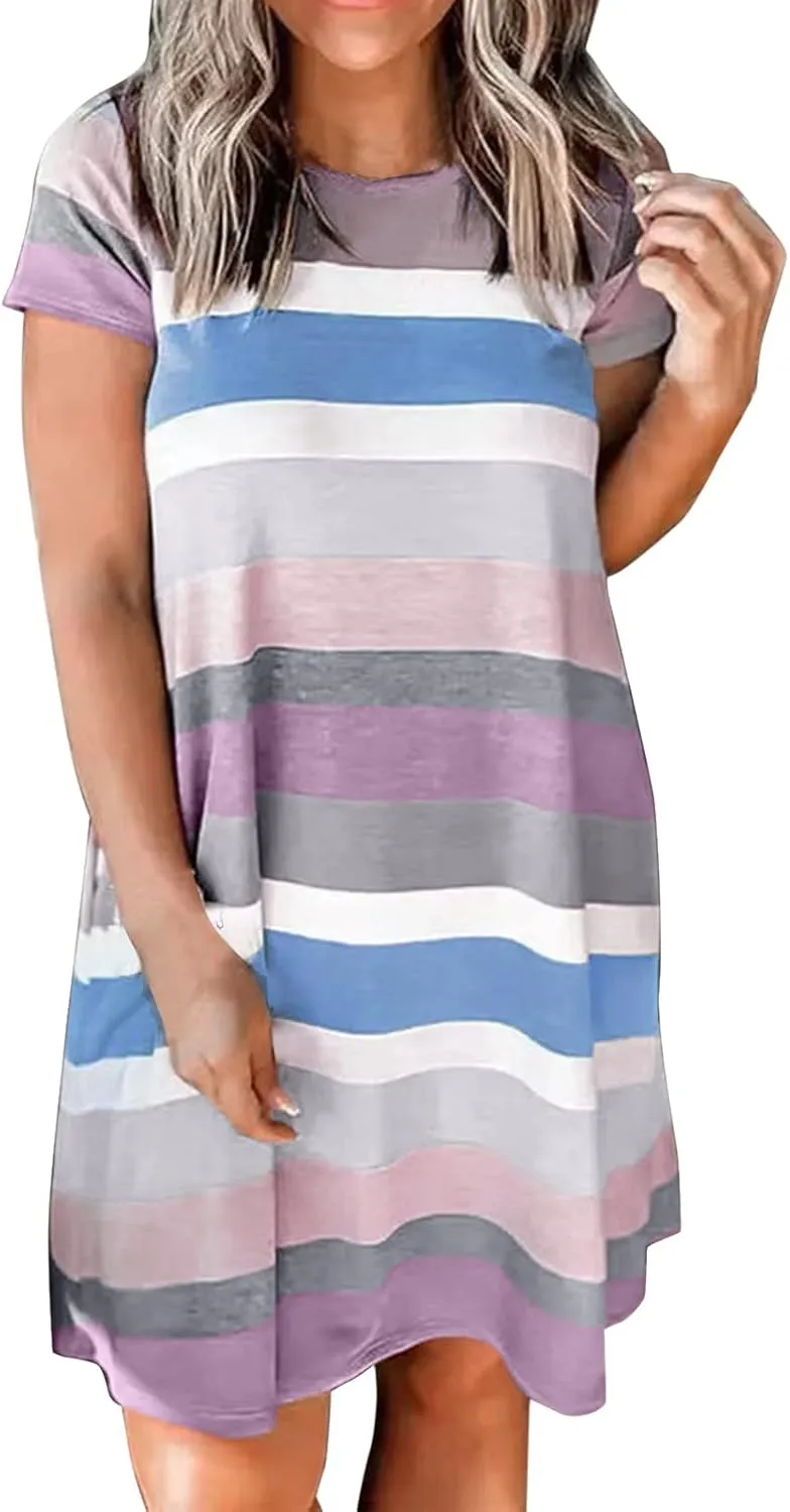 Casual Dresses for Women Short Sleeve Crew Neck T Shirt Dress with Pockets Loose Striped Color Block Summer Dresses