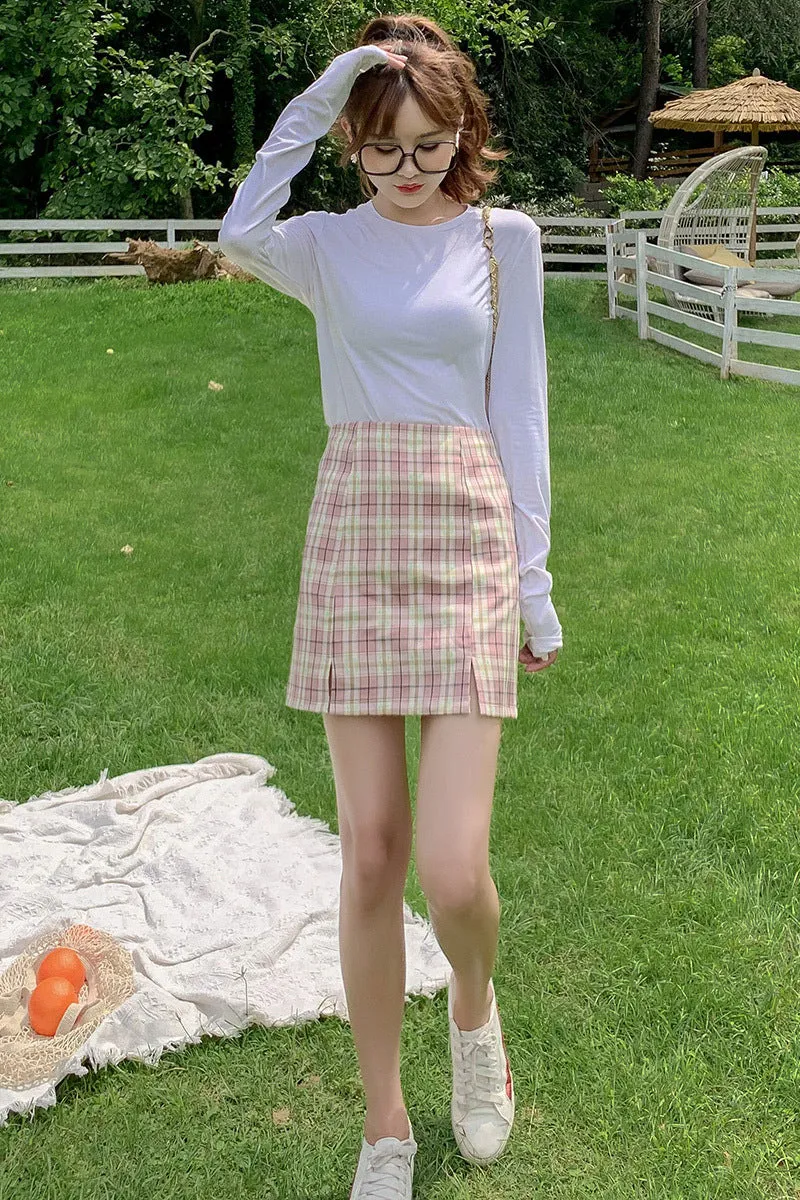 Chequered Skirt Women Pleated Korean Student High Waist Splitted A-Line Hip Flattering Skirt