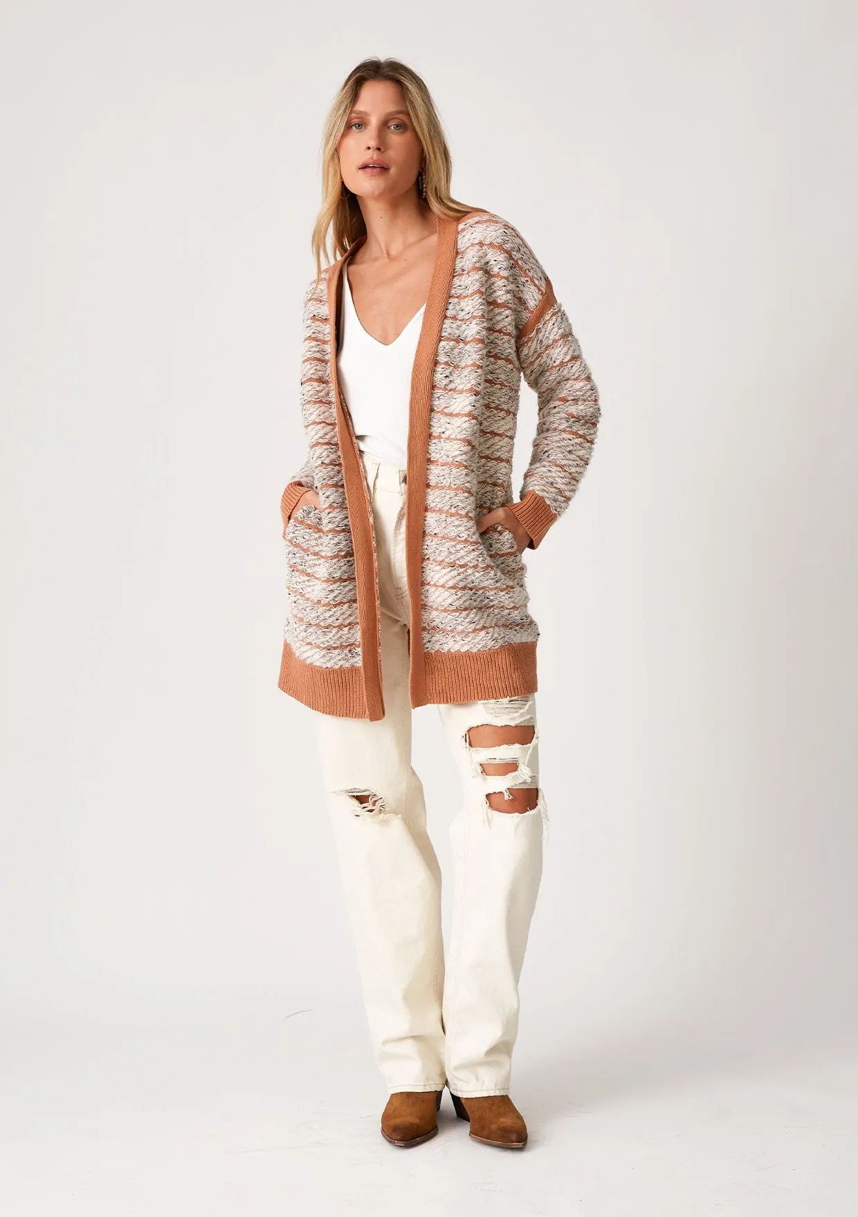 Contrast Trim Speckled Loop Open Front Cardigan