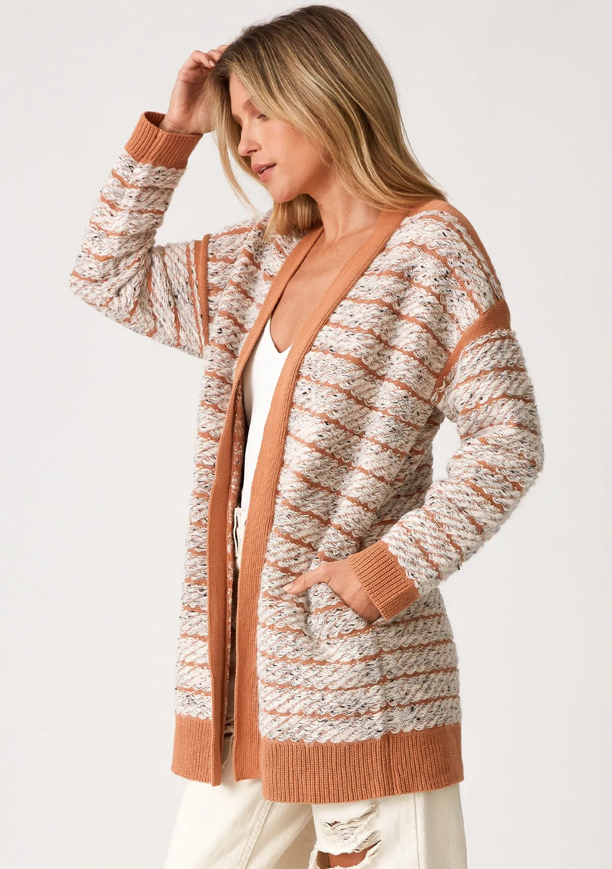 Contrast Trim Speckled Loop Open Front Cardigan