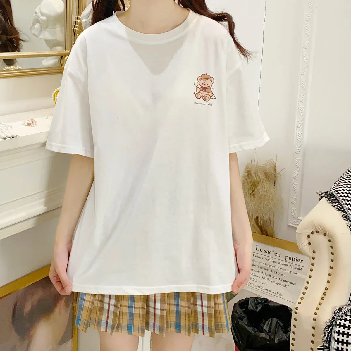 Cute Soft Girl Style Cartoon Bear Print T-Shirt