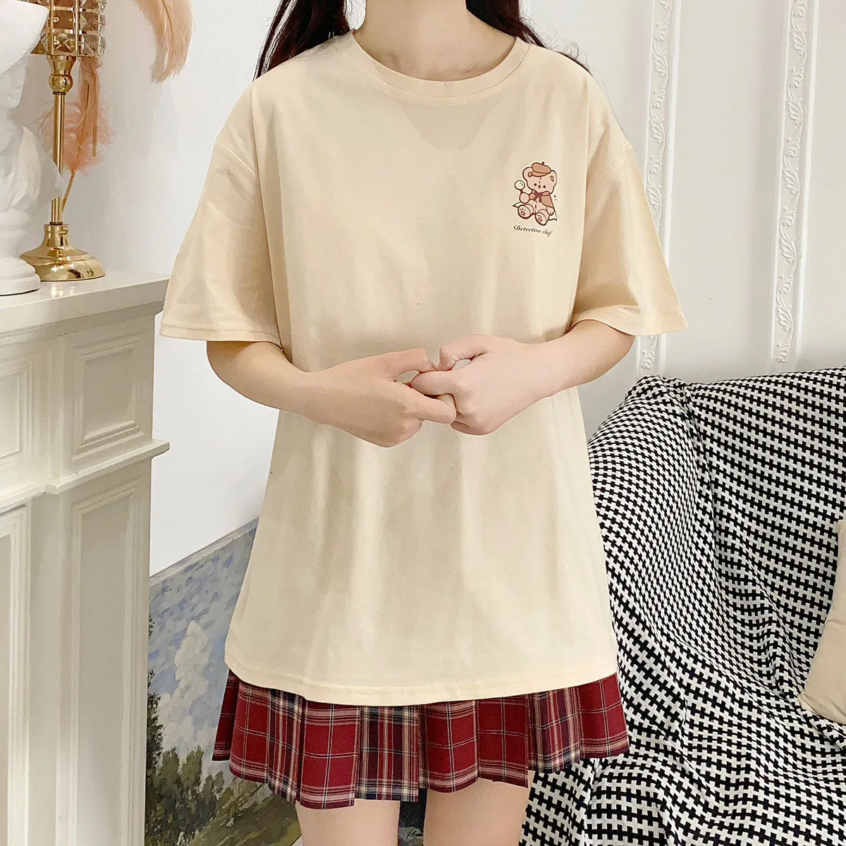 Cute Soft Girl Style Cartoon Bear Print T-Shirt